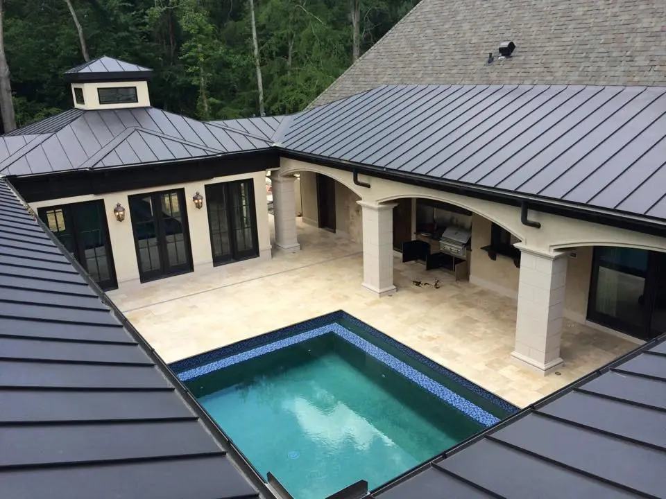 Metal roofing surrounding the pool area